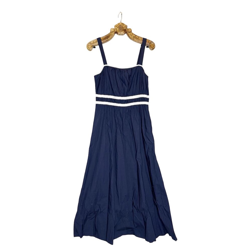 Loft Dress Poplin Cotton Shirred Pocket Maxi Navy Blue 12 NEW